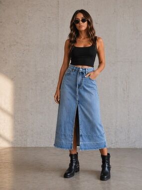 HABITUAL Denim Midi Skirt w/ Slit & Tie Front Belt, SZ L 🖤